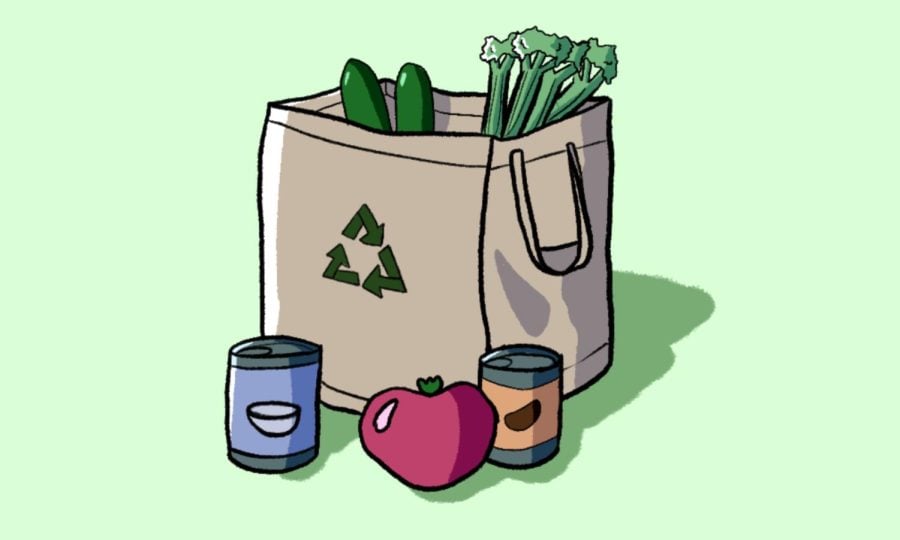 Drawing of green vegetables inside of a paper grocery bag behind food cans and a tomato.