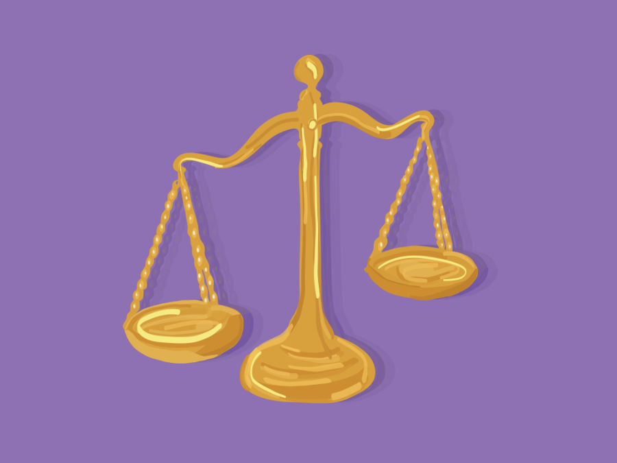 A golden legal scale on a purple background.