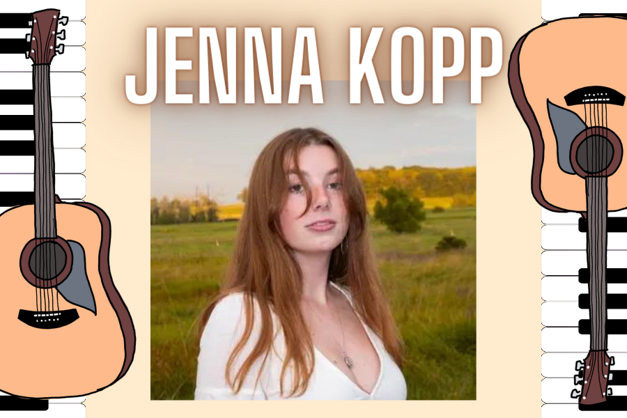 Photo of a white girl with brown hair looking at the camera in the center. JENNA KOPP is written above the image and illustrations of pianos and guitars sit on either side of the image.