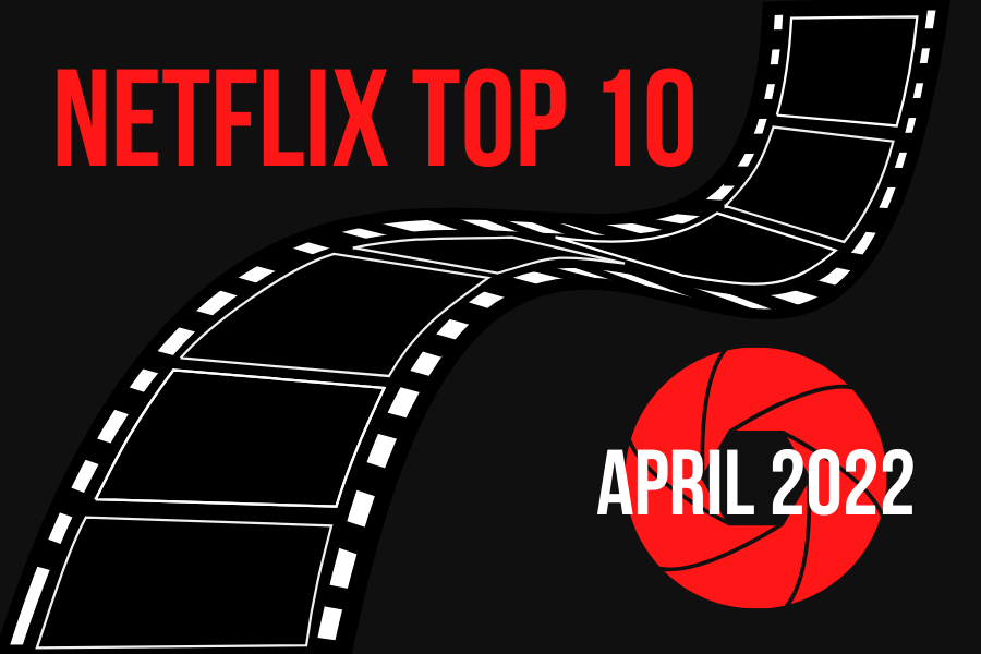 Red text in Netflix’s font reads, “Netflix top 10” and white text reads “April 2022.” A black and white graphic of film runs diagonally through the image, and a lens sits behind “April 2022.”