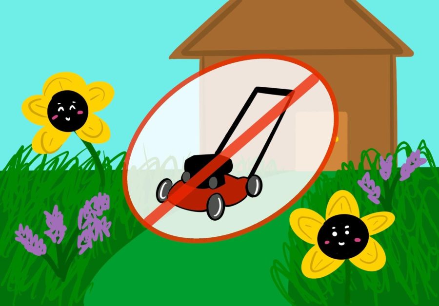 Illustration of a lawn mower crossed out in a garden with tall grass.