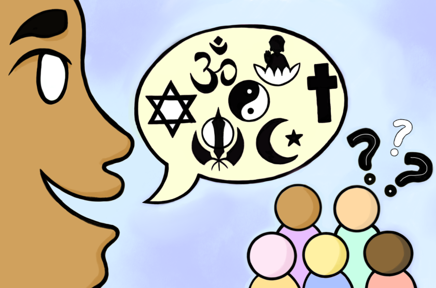 The illustration of a person on the left has their mouth open, with a speech bubble filled with religious symbols. Illustrations of people with question marks over their head are in the right corner.