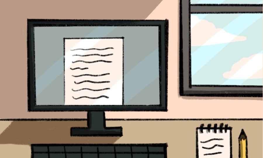 A computer monitor displays a white paper with scribbled black lines. Next to the computer, there is a window, a notebook and a pencil.