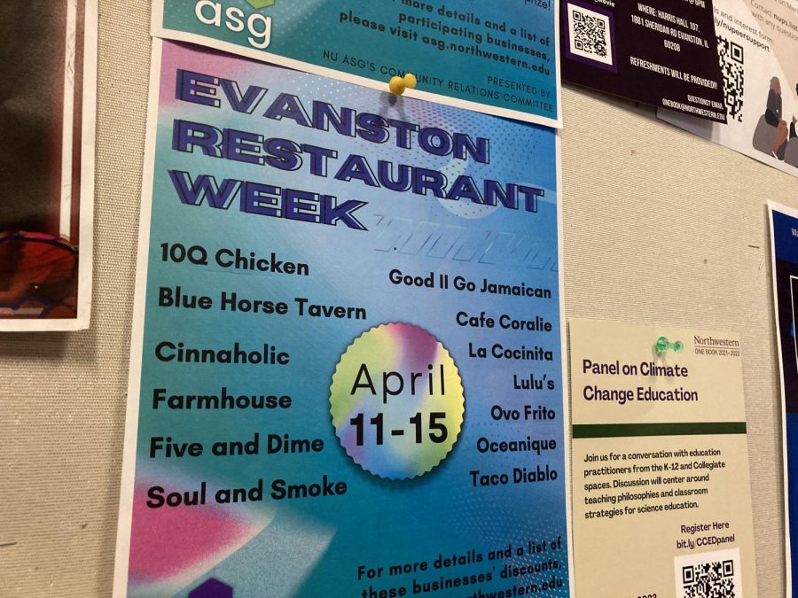 A teal, blue and pink poster advertising Evanston Restaurant Week pinned on a tan bulletin board. It lists 13 participating restaurants.