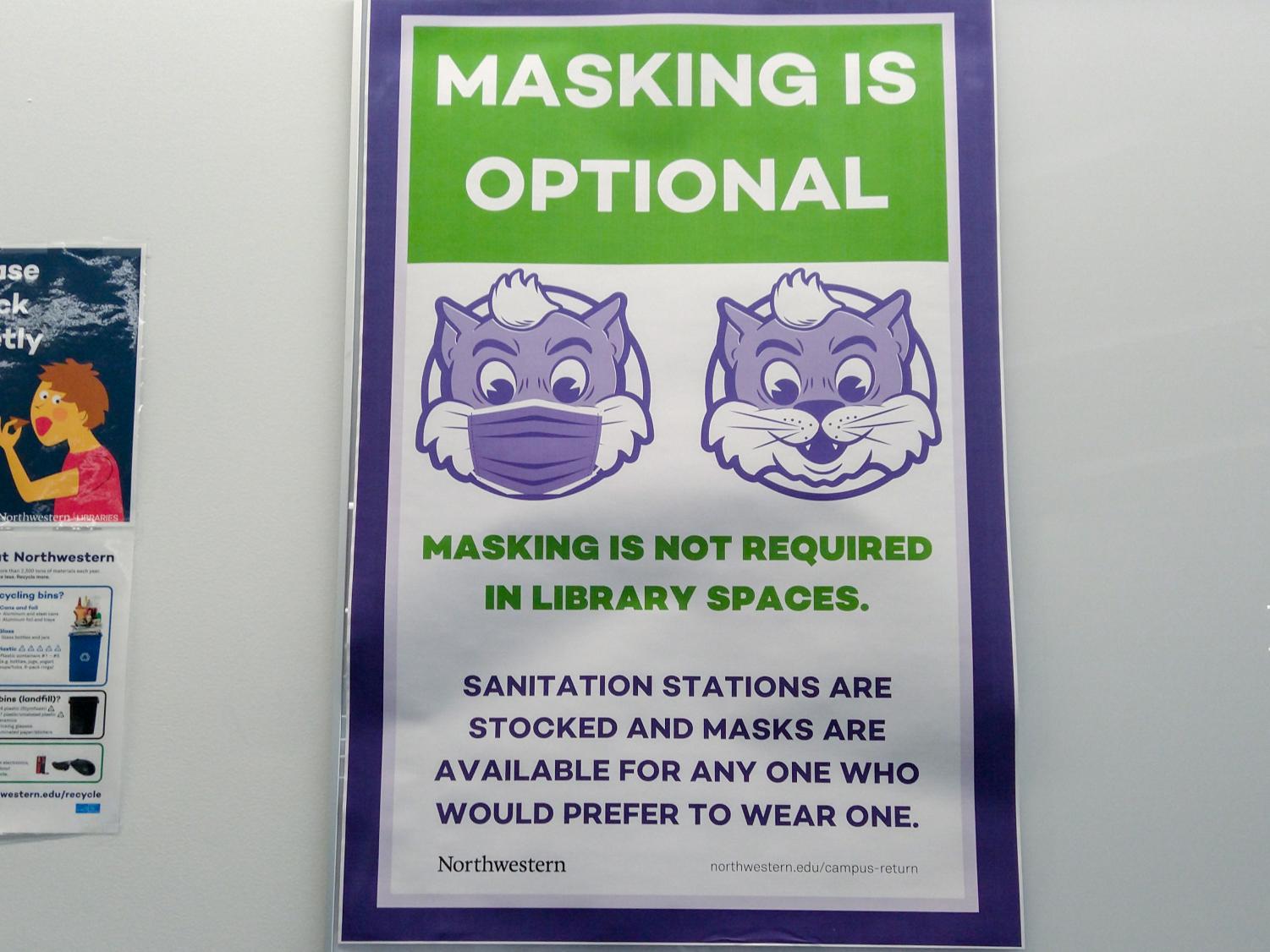 Poster+with+%E2%80%9Cmasking+is+optional%E2%80%9D+in+big+white+capital+letters+in+front+of+a+green+rectangle.+Depicted+below+are+two+wildcats%2C+one+with+a+mask%2C+the+other+without.+Below+these+cats+are+more+words.