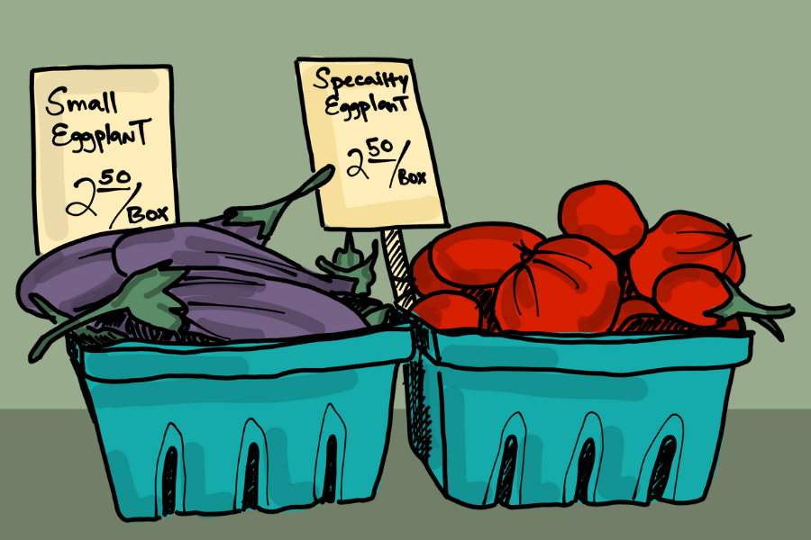 Two produce crates, one with purple eggplants and one with red eggplants, alongside price signs