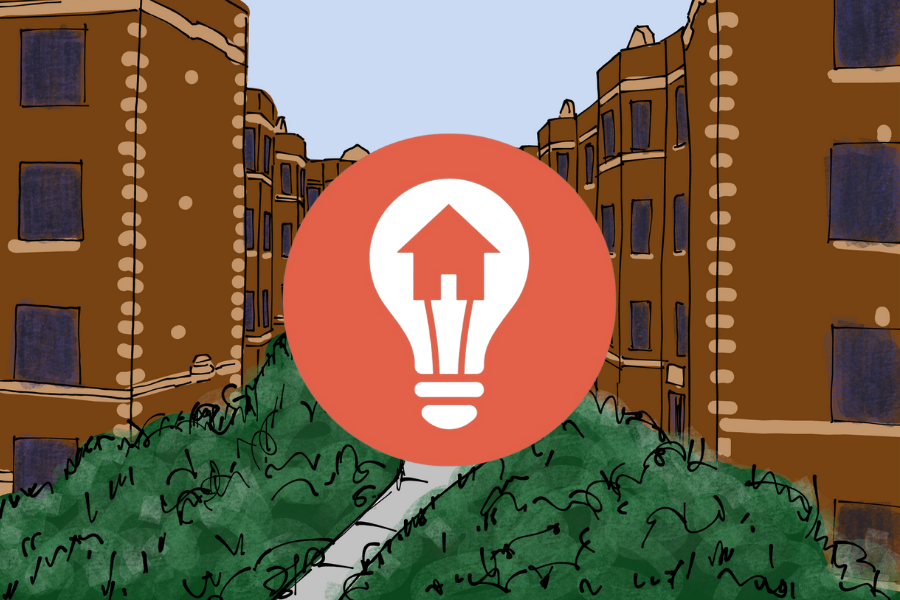 An illustration of a courtyard surrounded by red brick buildings. An icon of a lightbulb is in the middle.