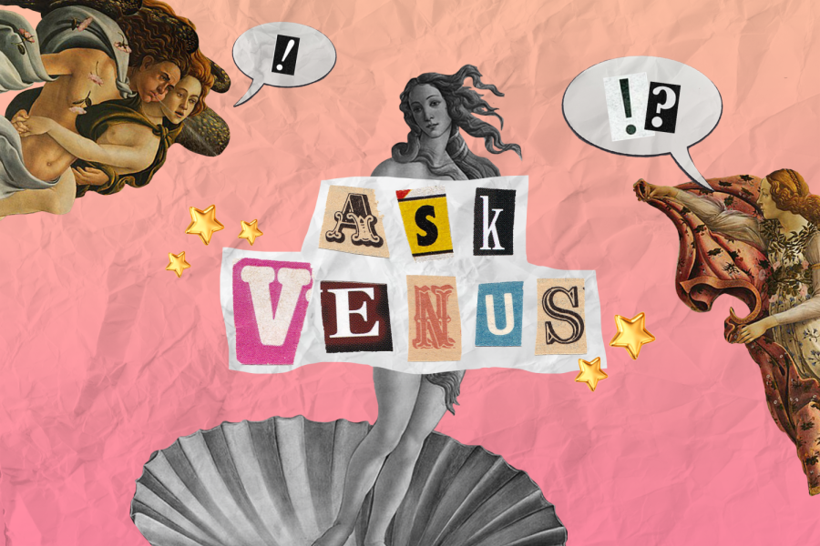 Greek art of Venus with assorted lettering that says “Ask Venus.” Pink background.