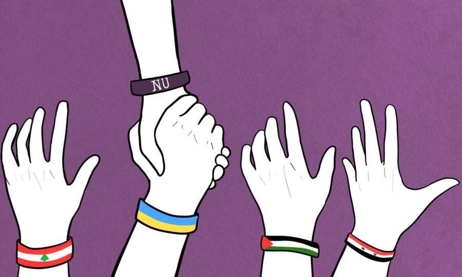 Four white hands on a purple background. Two hands on either side have a Lebanese, Syrian and Palestinian flag. A hand with a Northwestern bracelet holds a hand with a Ukrainian flag while the rest of them reach.
