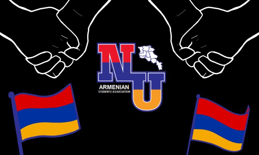 Two Armenian flags are in each bottom corner. The top corners have white outlines of hands holding each other. In the middle, the logo of the organization reads “NU” in the colors of the Armenian flag with “Armenian Students Association” underneath the N.