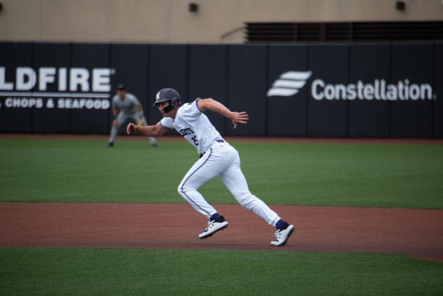 Sophomore left fielder Jay Beshears takes off running. The team’s hit leader added to his breakout season with another hit in the Tuesday loss to No. 14 Notre Dame, 14-4. 