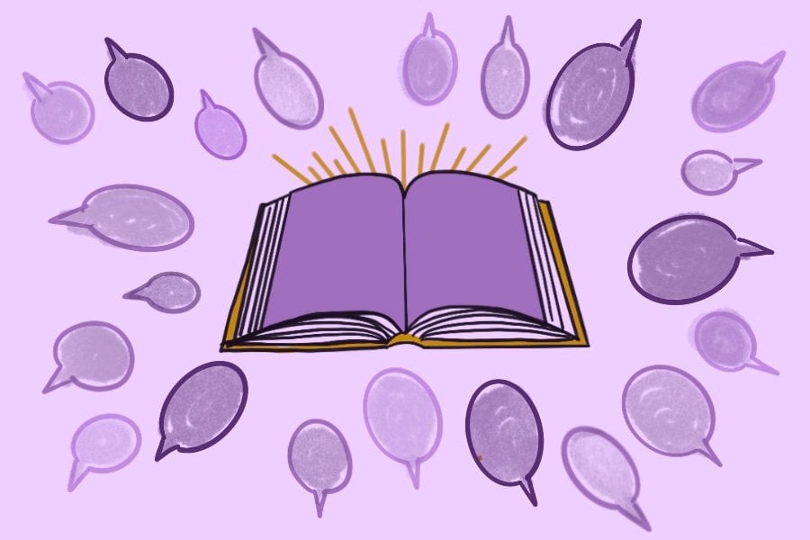 A purple book sits open on a light purple background with purple speech bubbles of different sizes scattered around it.