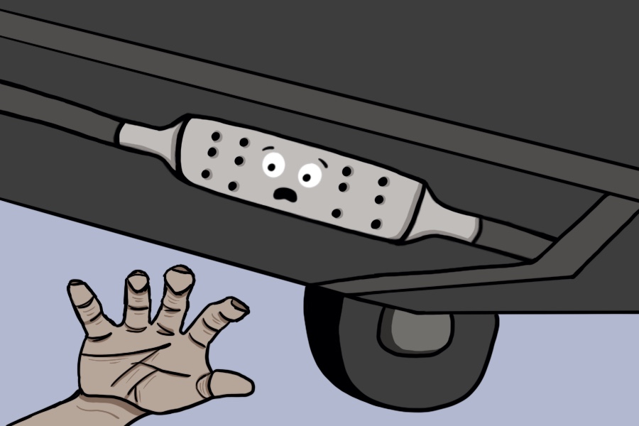 The underside of a car is shown with a hand reaching for a catalytic converter with a scared expression.