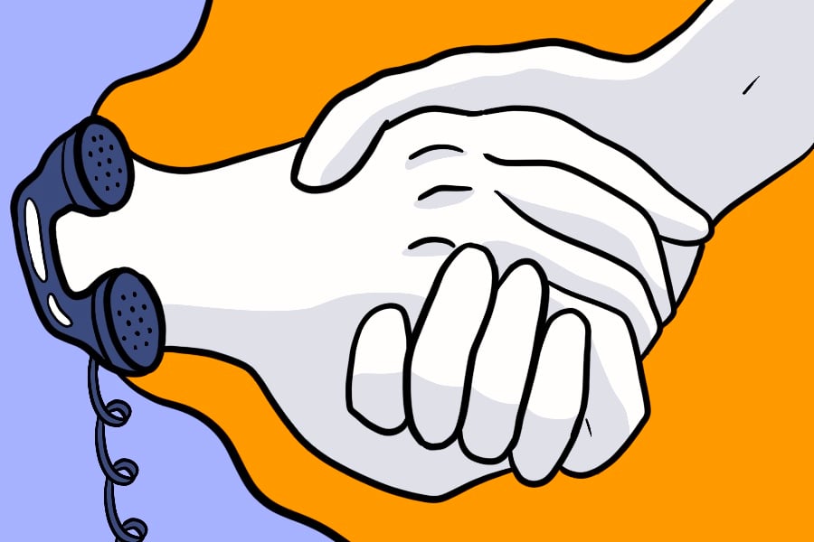 Two holding hands over an orange background with a purple phone on the side.