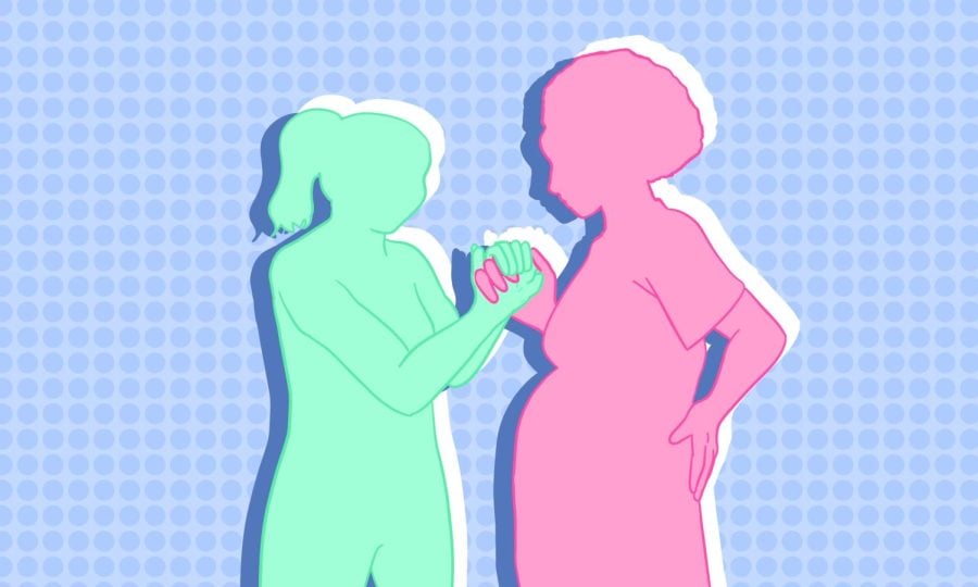 A doula, silhouetted in turquoise, holds the hand of a pregnant person silhouetted in pink.