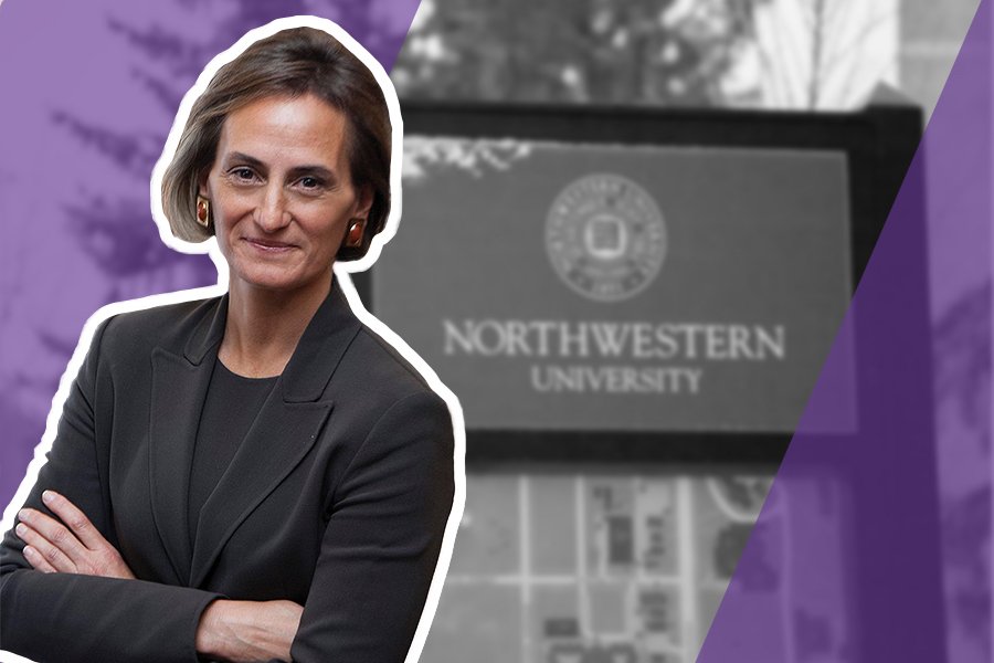 Woman in blazer with arms crossed in front of sign that says “Northwestern University.”