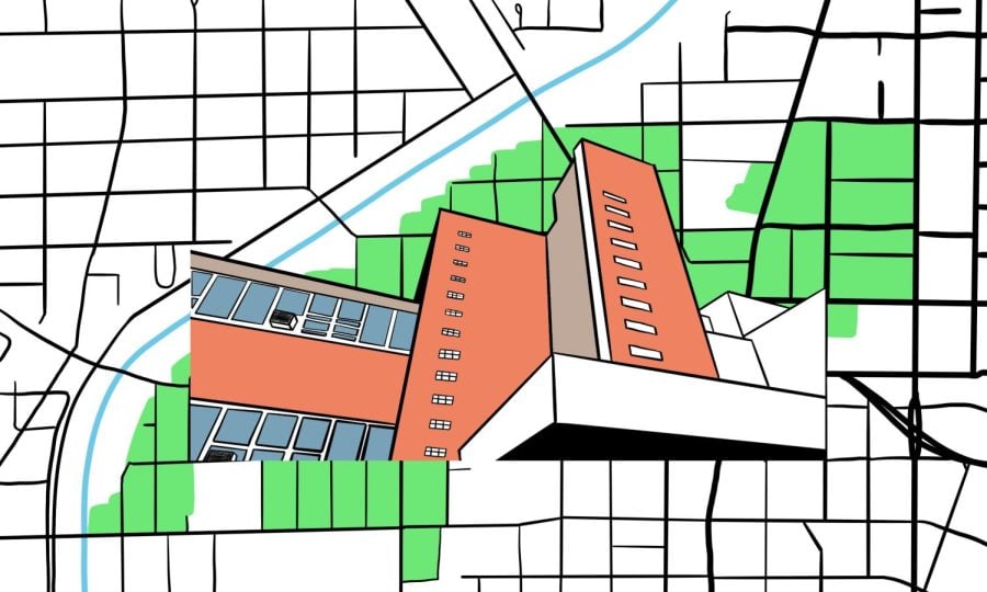 An illustration of Foster School in red is imposed over a sketch of a map.
