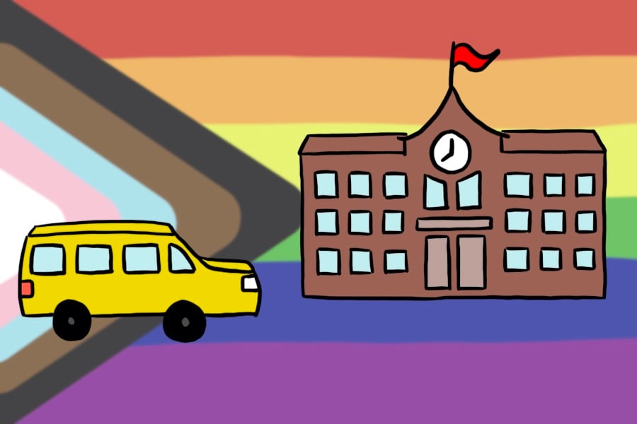 School building and school bus with rainbow flag background.