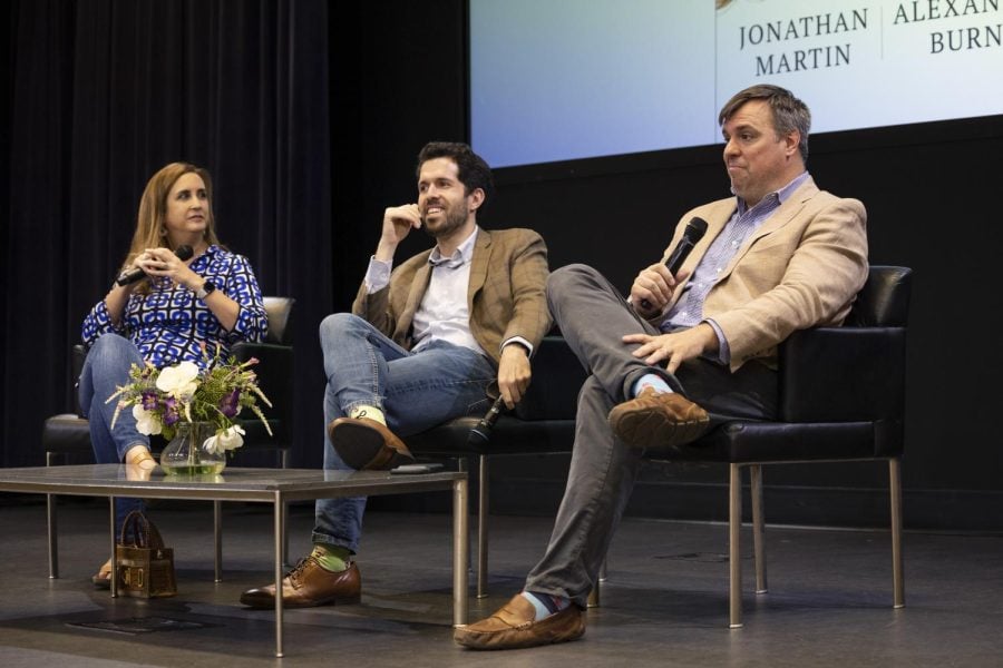 From left to right: Betsy Martin, Alex Burns and Jonathan Martin. The speakers discussed democracy and the future of American politics at a Thursday event. 