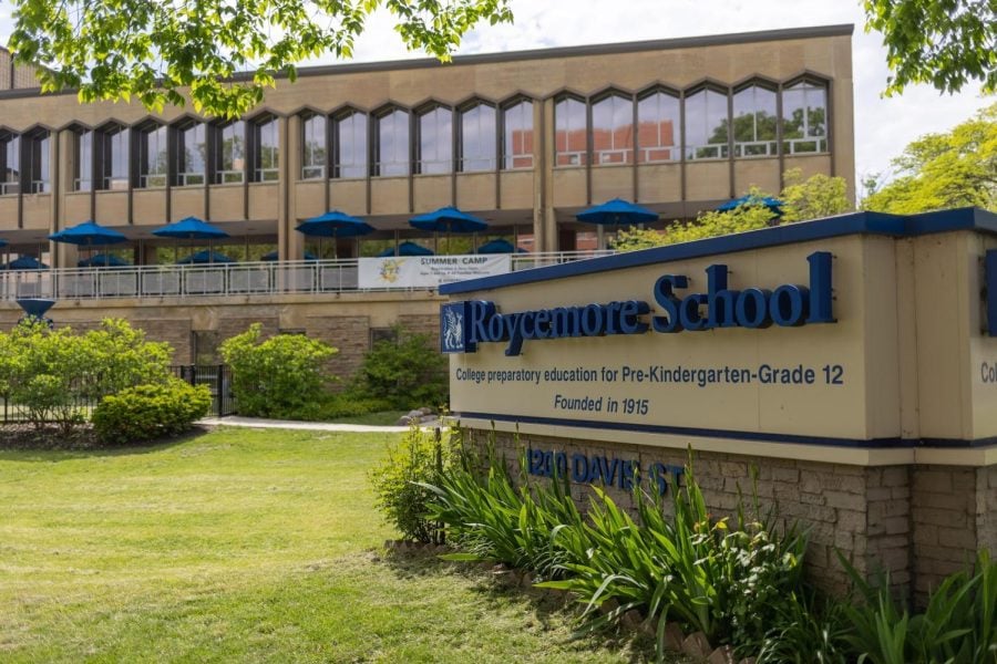 A sign reading “Roycemore School” is shown in front of Roycemore School.