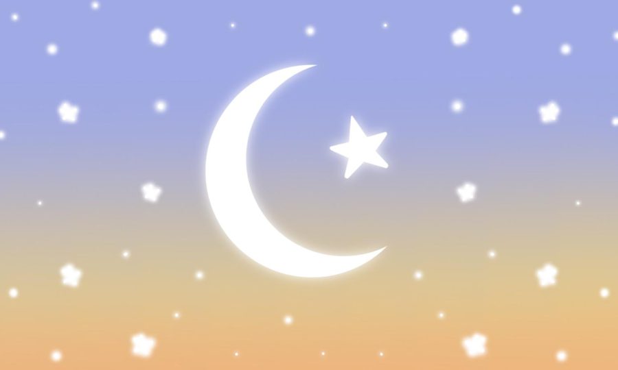 A blue and orange background with scattered stars and a large moon in the center.