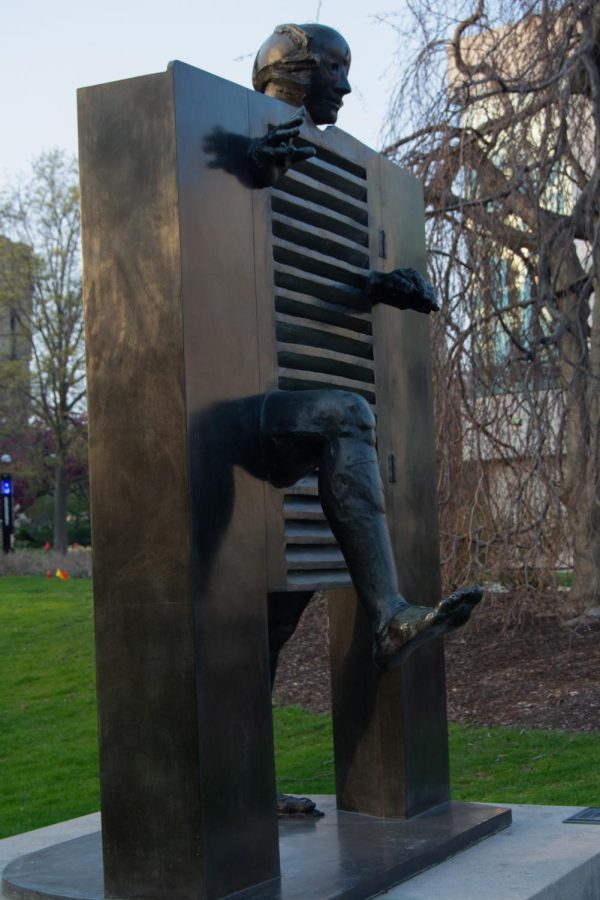 Made by Jean Ipousteguy, “Man Going Through a Door” is located on Northwestern’s  campus.