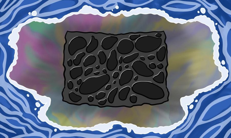 Illustration of a black sponge with water around it.