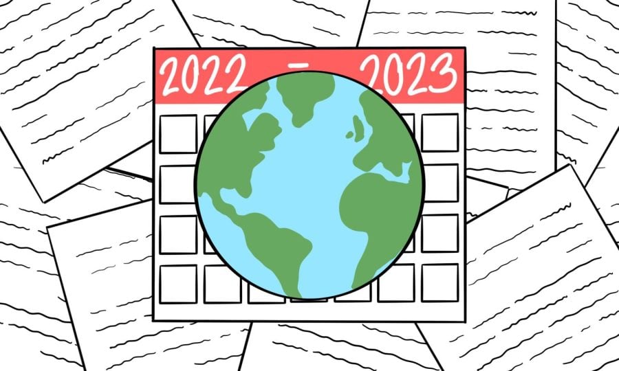 A globe superimposed over a calendar for 2022-2023, written in red.