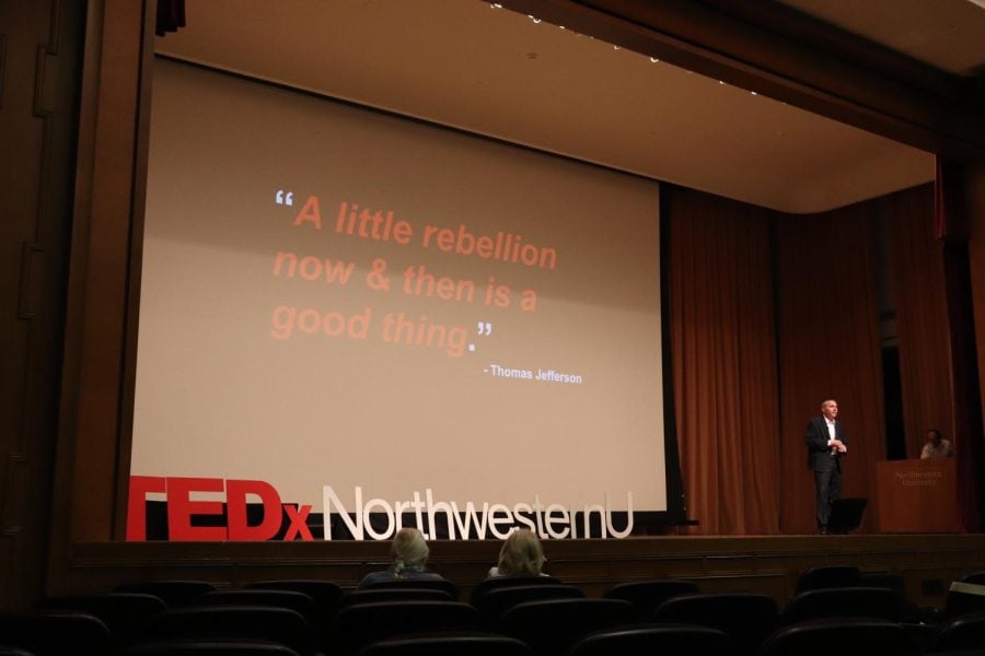ETHS physics teacher Mark Vondracek discussed rebuilding the education system at the annual TEDxNorthwesternU conference, using a quote from Thomas Jefferson.