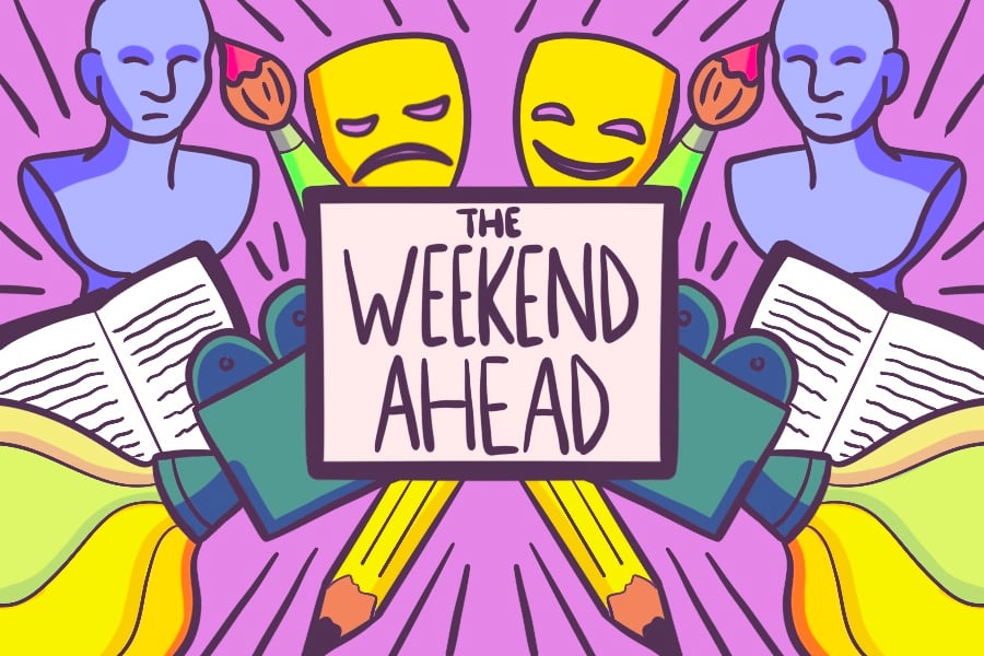 Illustration with a box in the middle that says “The Weekend Ahead.” Colorful paint brushes, theatre masks, cameras, pencils and books fill the background, set against a pink backdrop.
