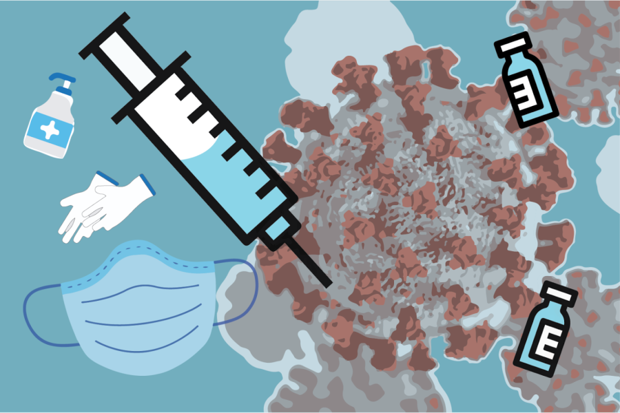 Illustrations of a syringe, vials, a mask, gloves and hand sanitizer in blue are set against a background illustration of COVID particles.