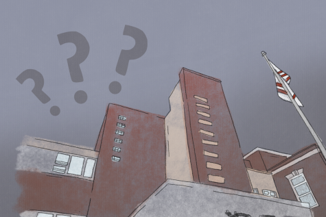 A dark brown school building is drawn from the ground up with gray question marks in the background.