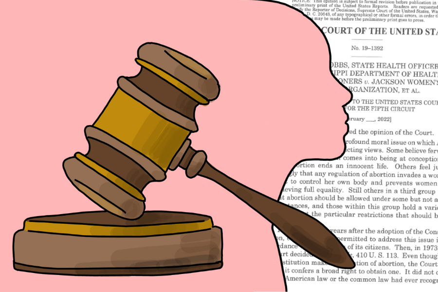 A gavel in front of a pink figure of a woman on the left. On the right there is text from the Supreme Court Case: Dobbs v. Jackson Women’s Health Organization that could overturn Roe v. Wade.