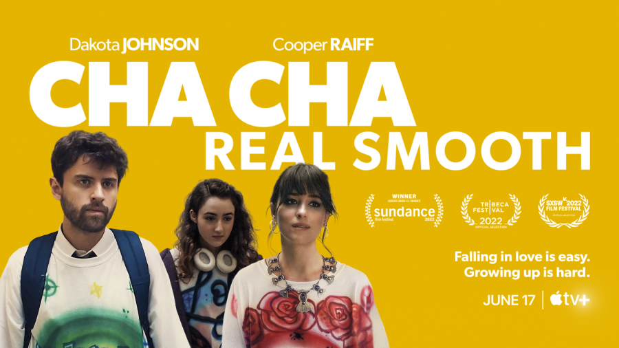 A yellow screen with white text features Andrew, Domino and Lola in “Cha Cha Real Smooth.”