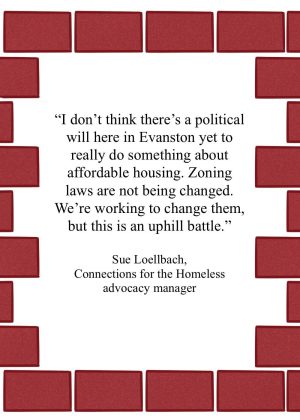 Quote from Sue Loellbach that reads: “I don’t think there’s a political will here in Evanston yet to really do something about affordable housing. Zoning laws are not being changed. We’re working to change them, but this is an uphill battle.