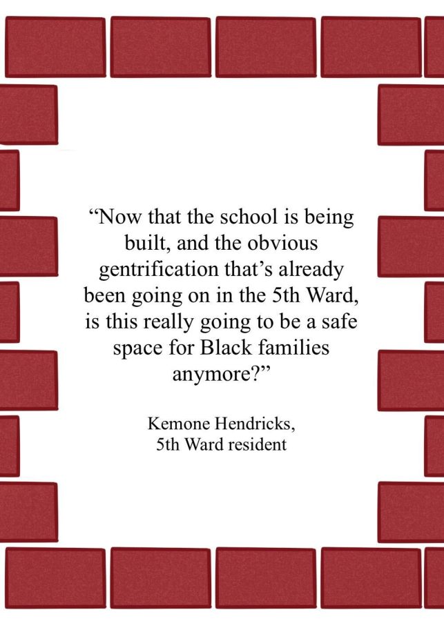 Quote from Kemone Hendricks that reads Now that the school is being built, and the obvious gentrification that’s already been going on in the 5th Ward, is this really going to be a safe space for Black families anymore?