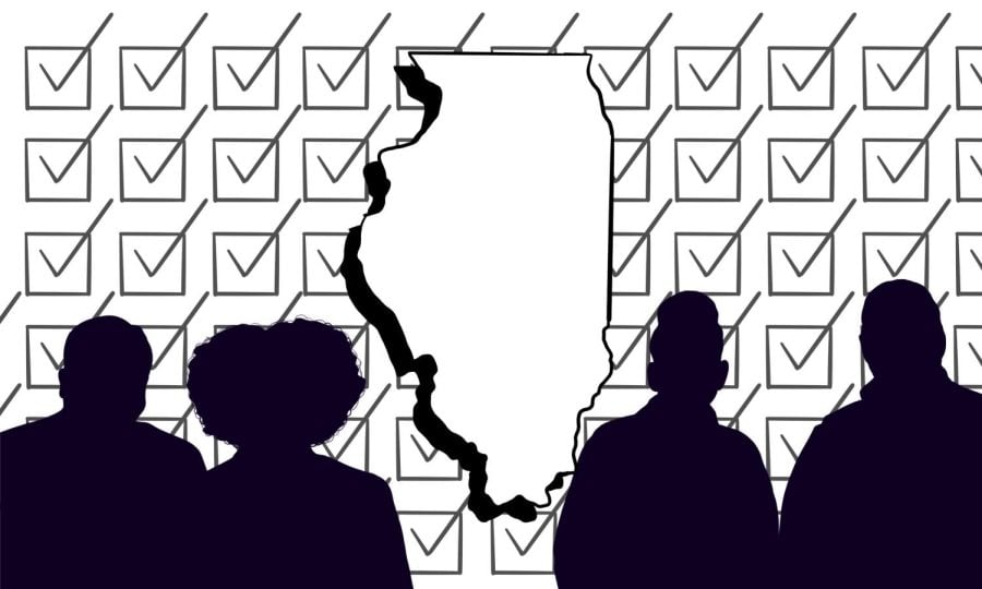 A+map+of+Illinois+is+surrounded+by+silhouettes.+Check+marks+fill+the+background.+The+illustration+is+black+and+white.