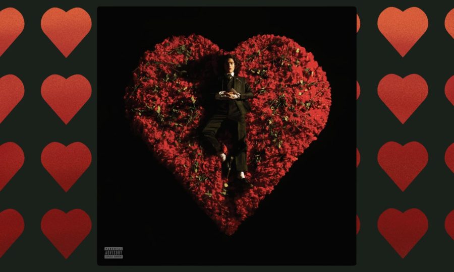 The album cover for “Superache,” where Conan Gray lies in a bed of roses, surrounded by heart graphics.