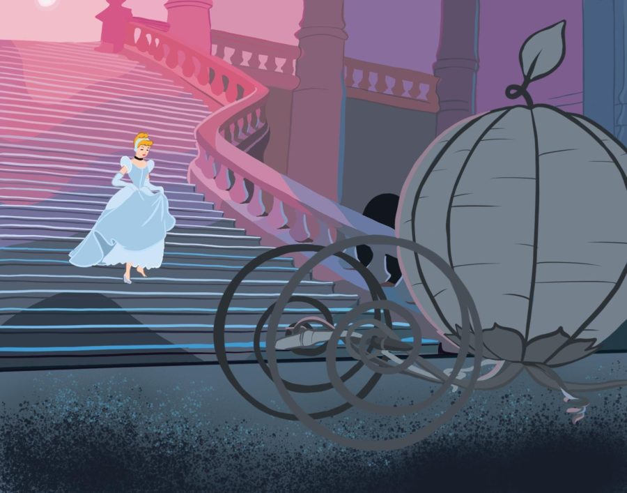 Cinderella runs down palace steps into the carriage that awaits her, which is a gray pumpkin.