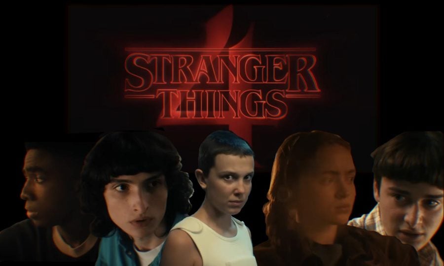 The+Season+Four+logo+of+%E2%80%9CStranger+Things.%E2%80%9D+Its+main+characters+are+in+the+foreground.