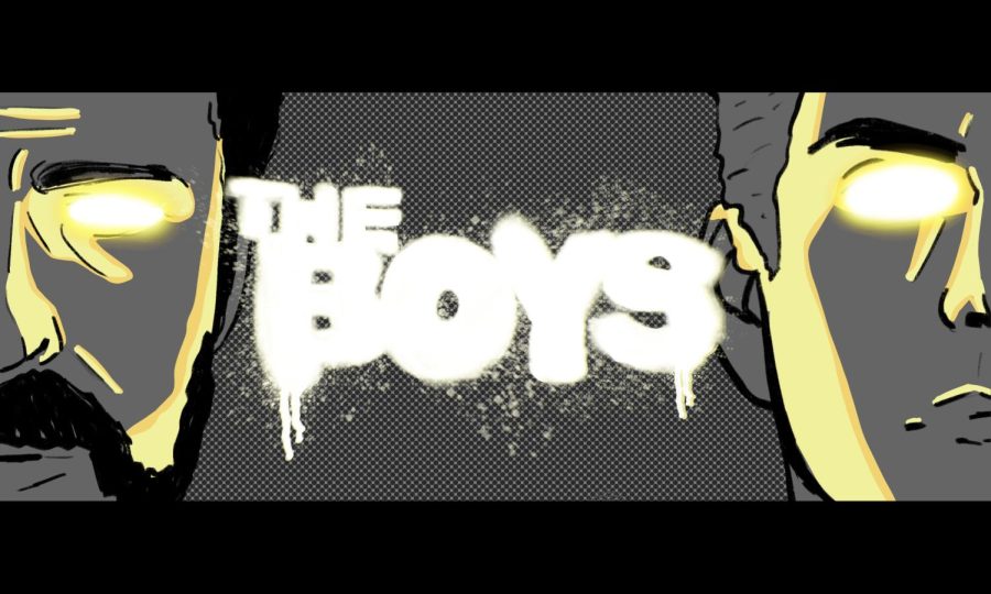 Two lit-up faces on the right and left sides. “The Boys” is written in the middle.