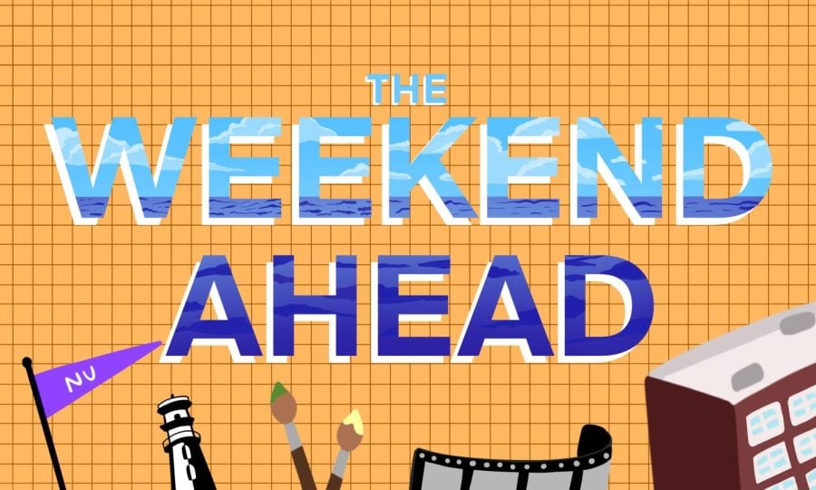 “The Weekend Ahead” in big capitalized letters, showing a beach scene inside. The background is a dark-yellow grid. An NU pennant, a lighthouse, a paintbrush, a building and a film strip are at the bottom of the image.