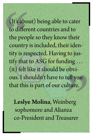 Quote from Alianza co-President and Treasurer Leslye Molina that reads: (It’s about) being able to cater to different countries and to the people so they know their country is included, their identity is respected. Having to justify that to ASG for funding … (it) felt like it should be obvious. I shouldn't have to tell you that this is part of our culture..