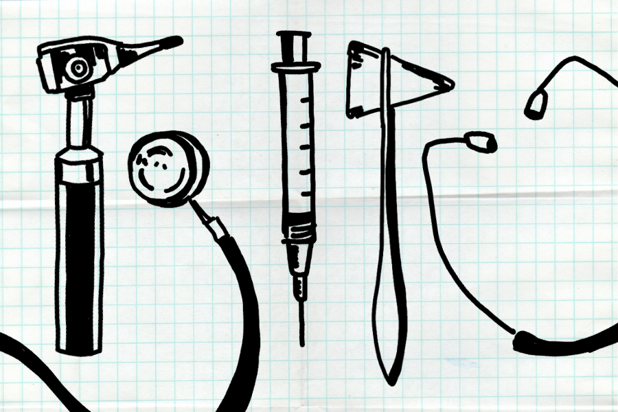 Graphic medical instruments set on a backdrop that looks like graph paper.