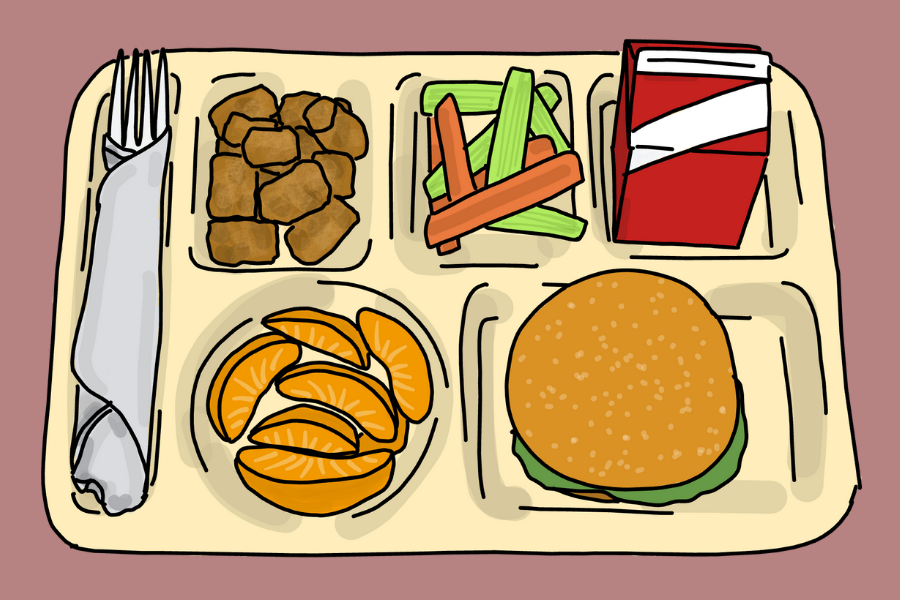 School lunch tray with hamburger, orange slices, milk box, veggies, tater tots and a fork against a maroon background.