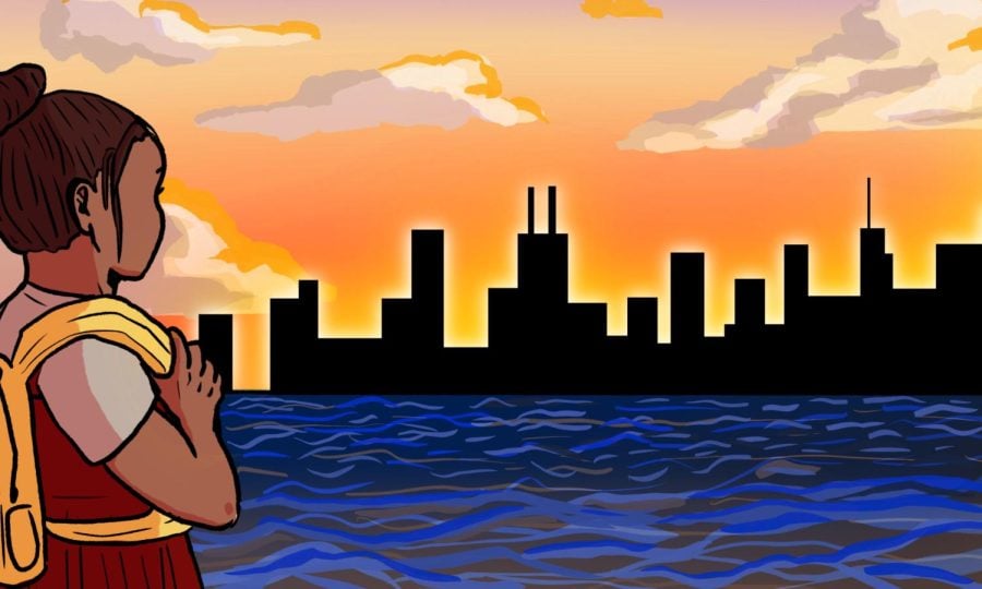 An illustration of a person looking across the water at Chicagos skyline.