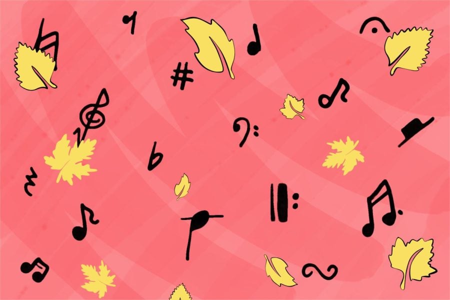 Leaves+and+musical+notes+on+a+red+background.