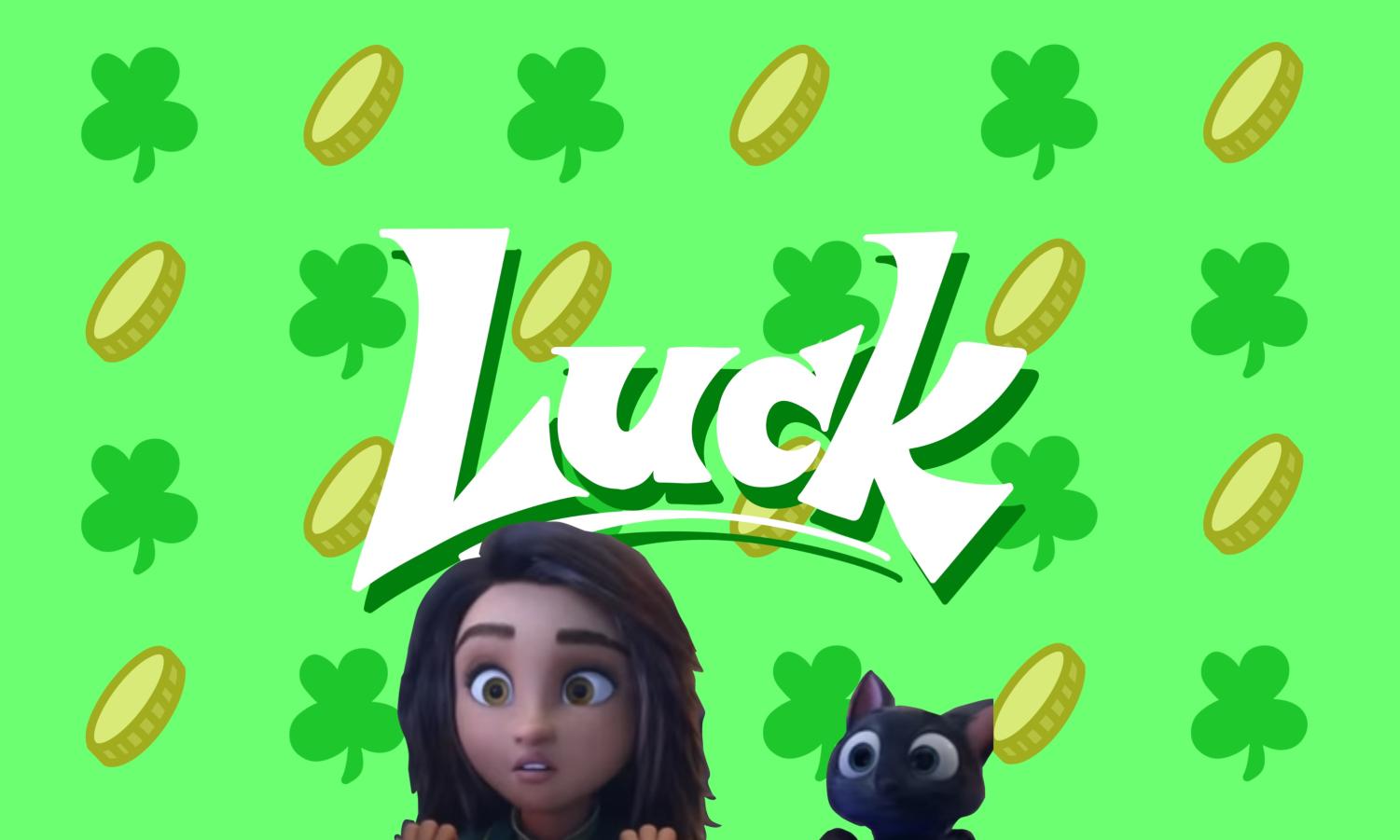 A+girl+with+brown+hair+and+a+black+cat+stare+forward+against+a+green+backdrop+with+four-leaf+clovers%2C+golden+coins+and+the+word+%E2%80%9CLuck%E2%80%9D+painted+in+white+letters.