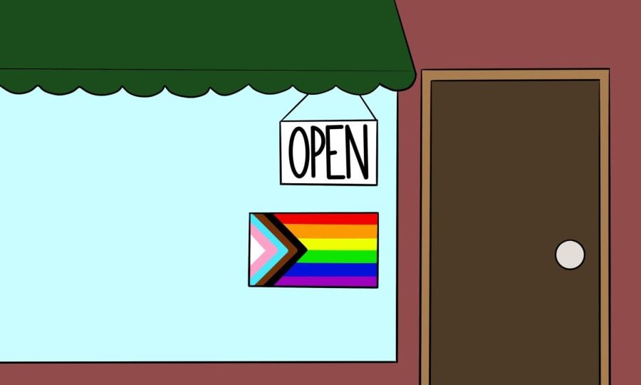 A drawing of a brown-colored business with the sign “open” — and the Pride flag below it — both plastered on the window.