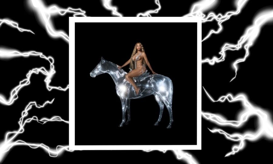 Beyoncé’s “Renaissance” album cover featuring her sitting on a sparkling, silver horse dressed in silver lingerie with white lightning bolts surrounding her.
